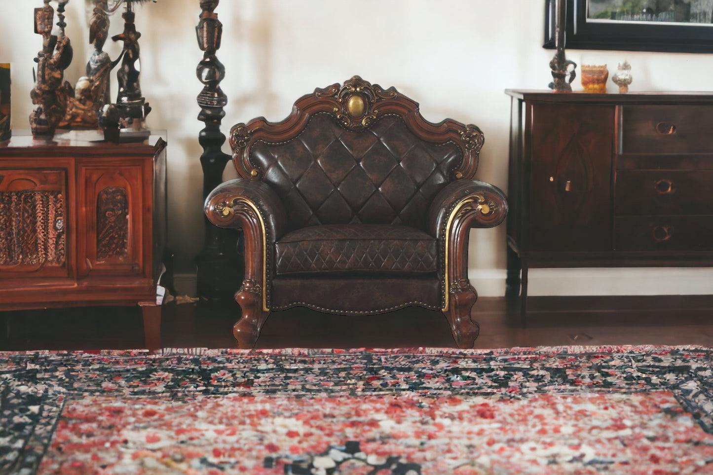 50" Chocolate Faux Leather Tufted Chesterfield Chair And Toss Pillow
