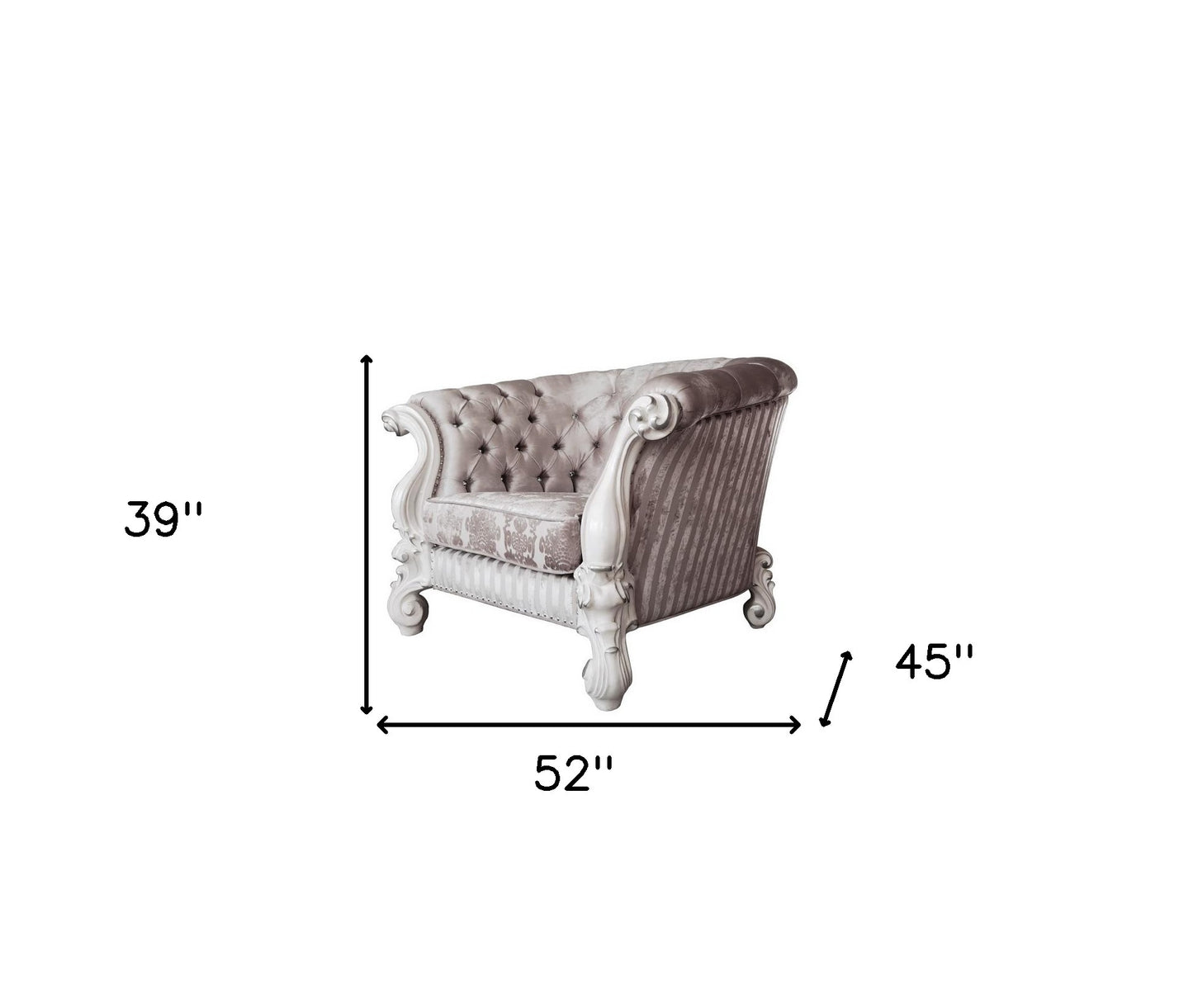52" Ivory and Bone Fabric Damask Tufted Chesterfield Chair And Toss Pillows