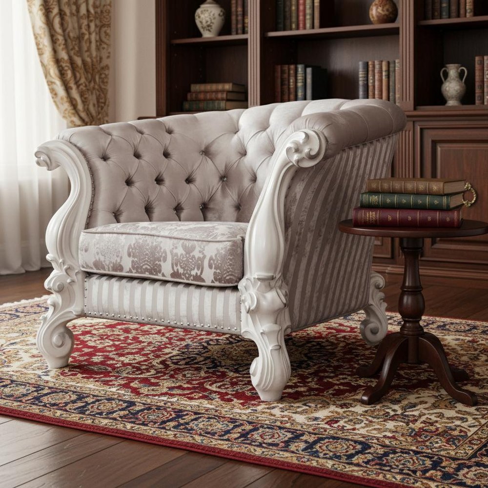 52" Ivory and Bone Fabric Damask Tufted Chesterfield Chair And Toss Pillows