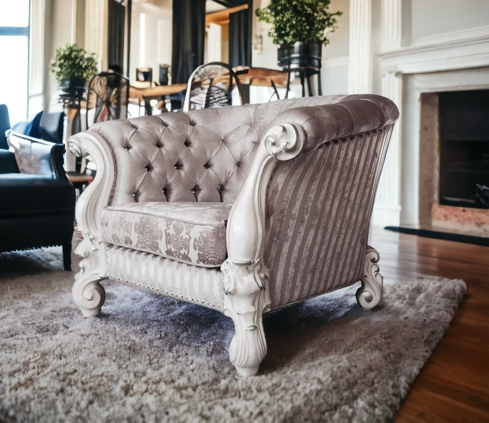 52" Ivory and Bone Fabric Damask Tufted Chesterfield Chair And Toss Pillows