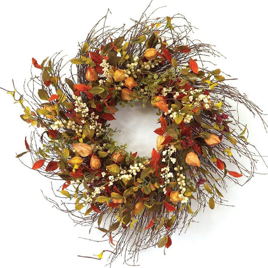 20" Green Brown And White Fall Mixed Assortment Artificial Wreath