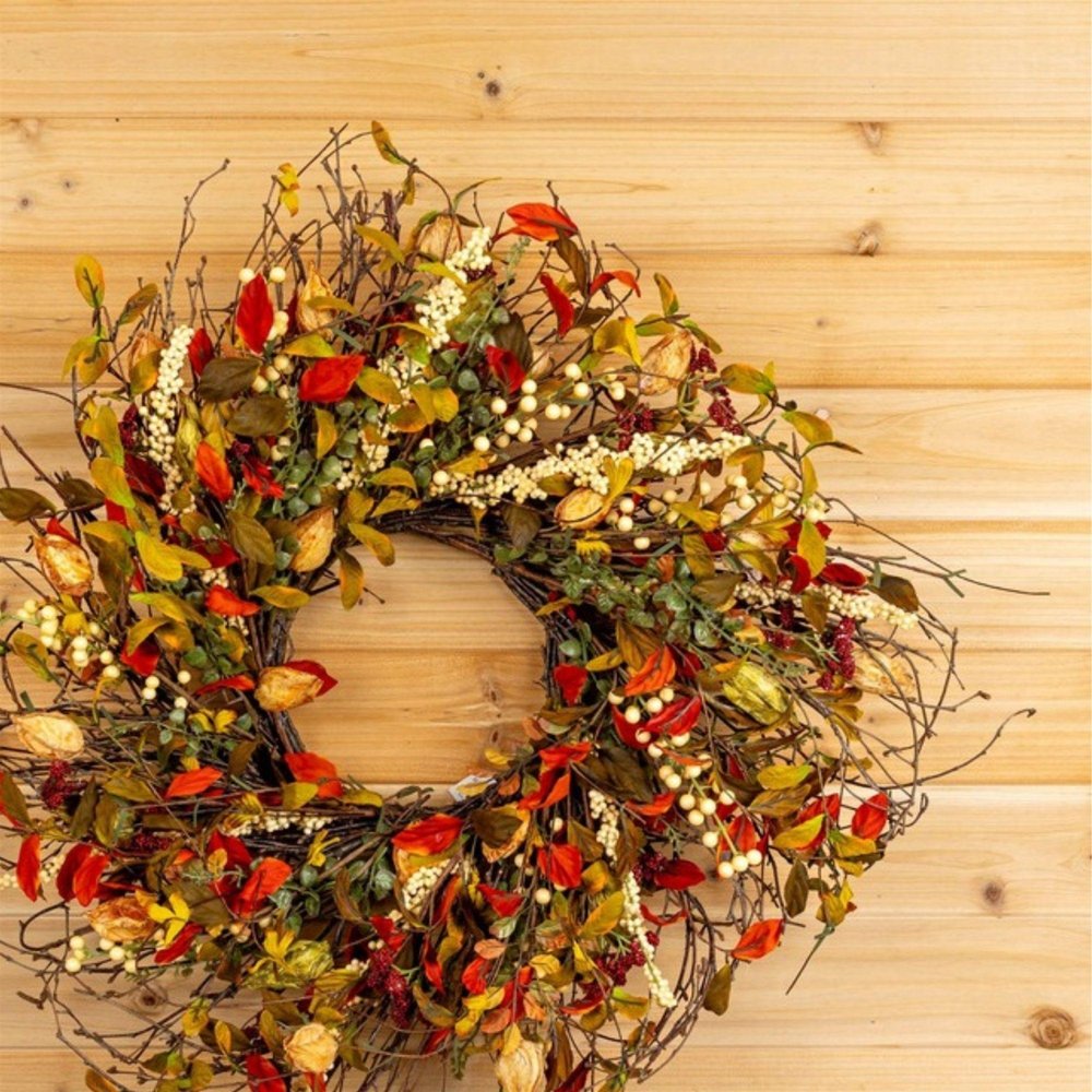 20" Green Brown And White Fall Mixed Assortment Artificial Wreath