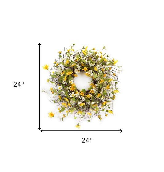 24" Green White And Yellow Spring Daisy Artificial Wreath