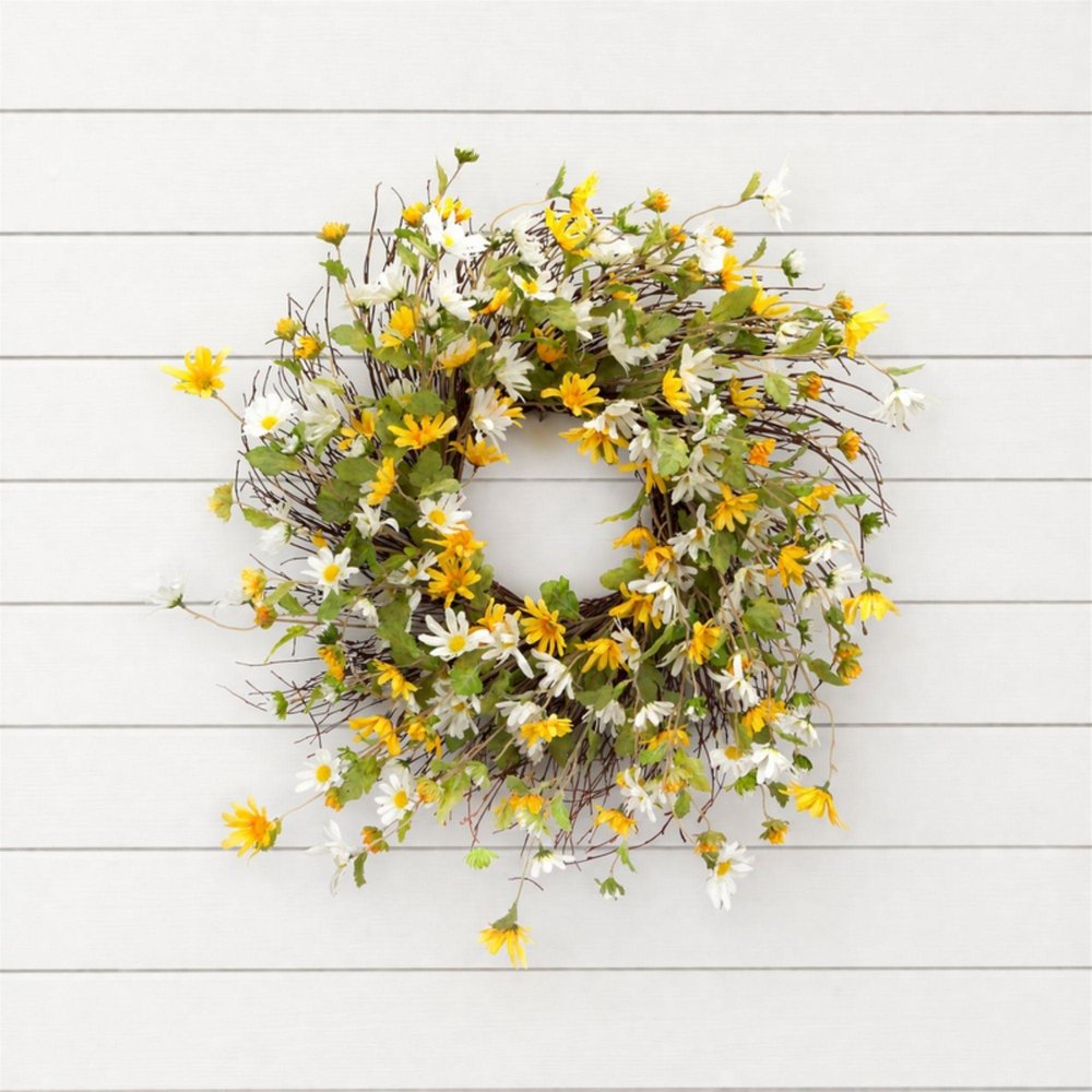 24" Green White And Yellow Spring Daisy Artificial Wreath