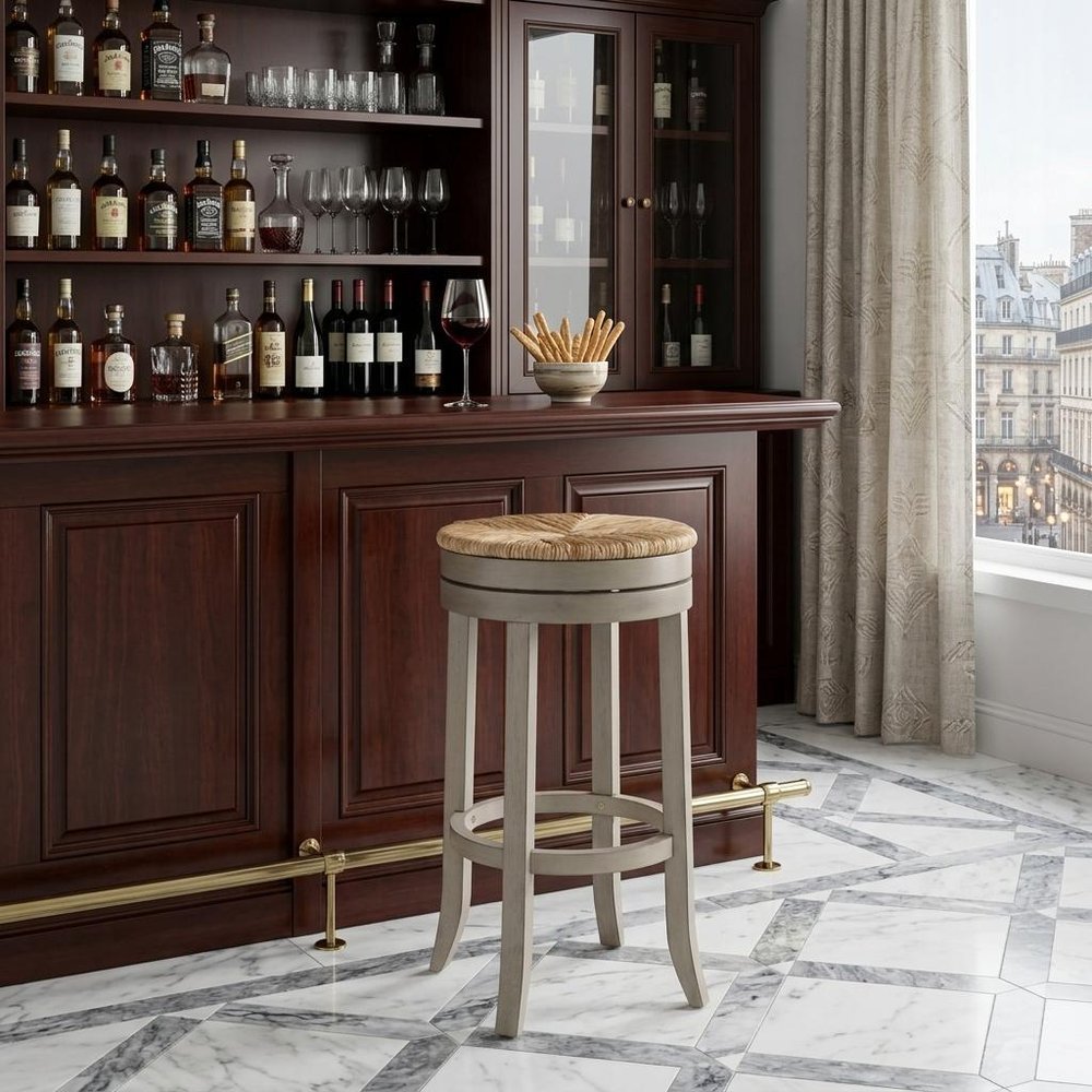 30" Natural And Gray Rush And Solid Wood Backless Bar Height Swivel Bar Chair