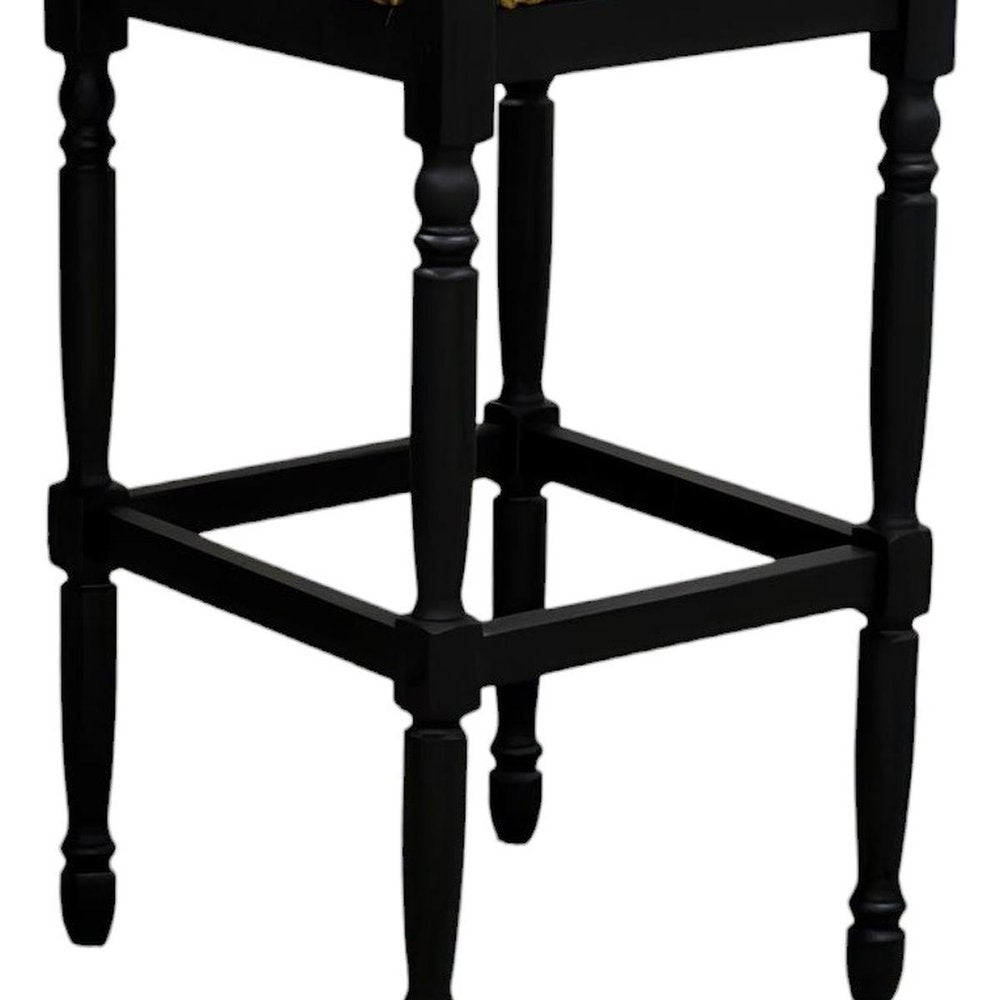 29" Natural And Black Rush And Solid Wood Backless Bar Height Bar Chair