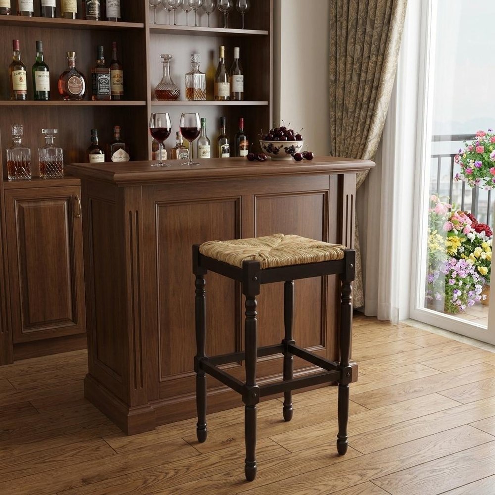 29" Natural And Espresso Wicker And Solid Wood Backless Bar Height Bar Chair