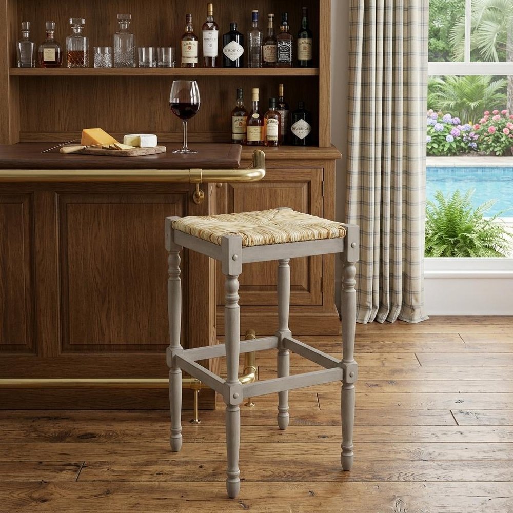 29" Natural And Gray Rush And Solid Wood Backless Bar Height Bar Chair
