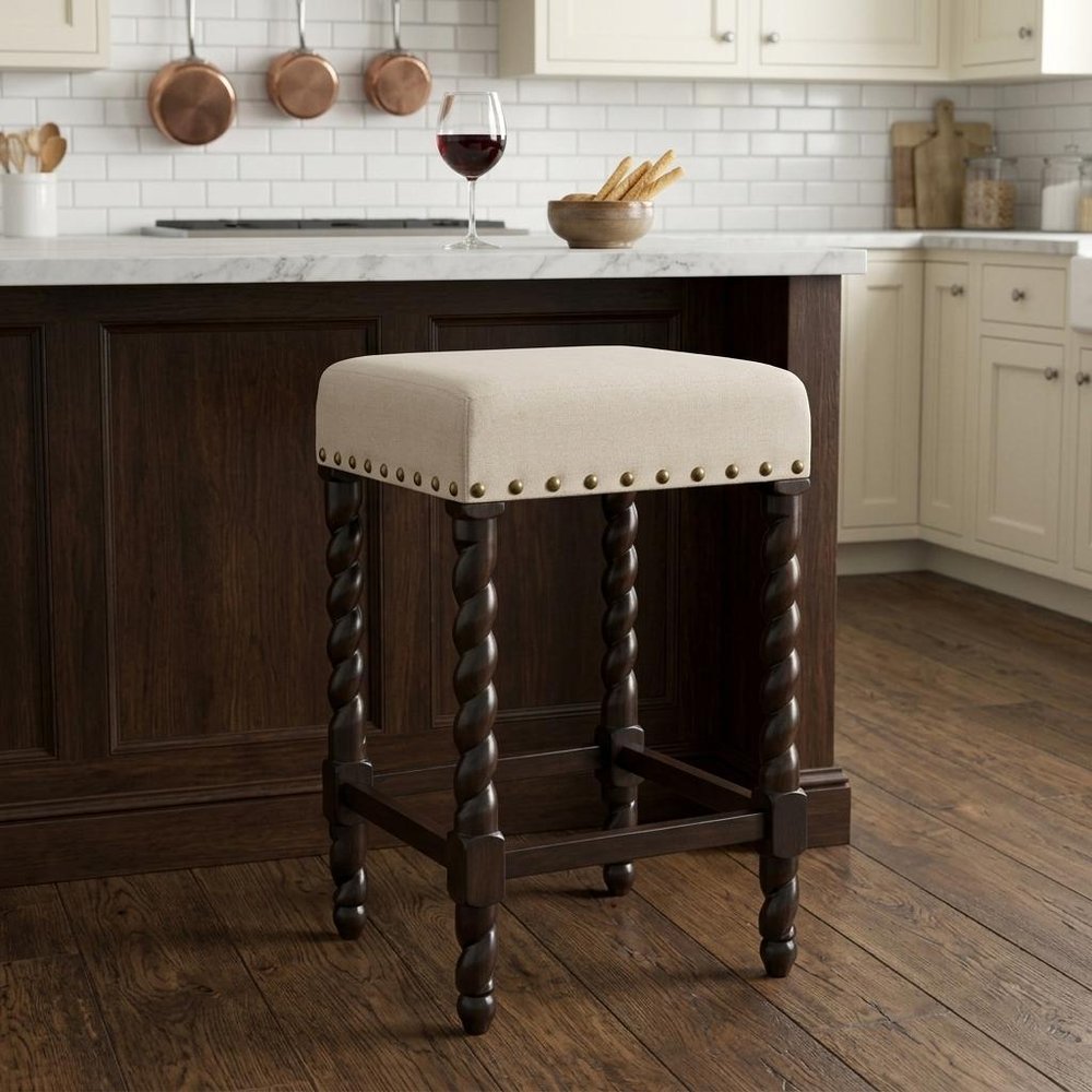 24" Cream And Espresso Fabric And Solid Wood Backless Counter Height Bar Chair