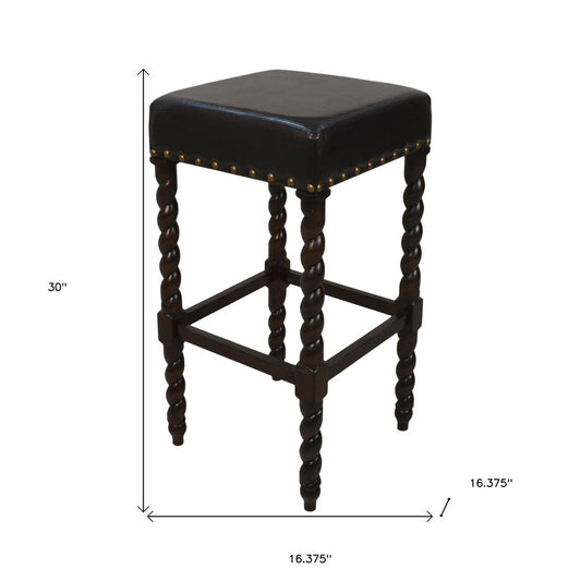 30" Black And Espresso Faux Leather And Fabric And Solid Wood Backless Bar Height Bar Chair