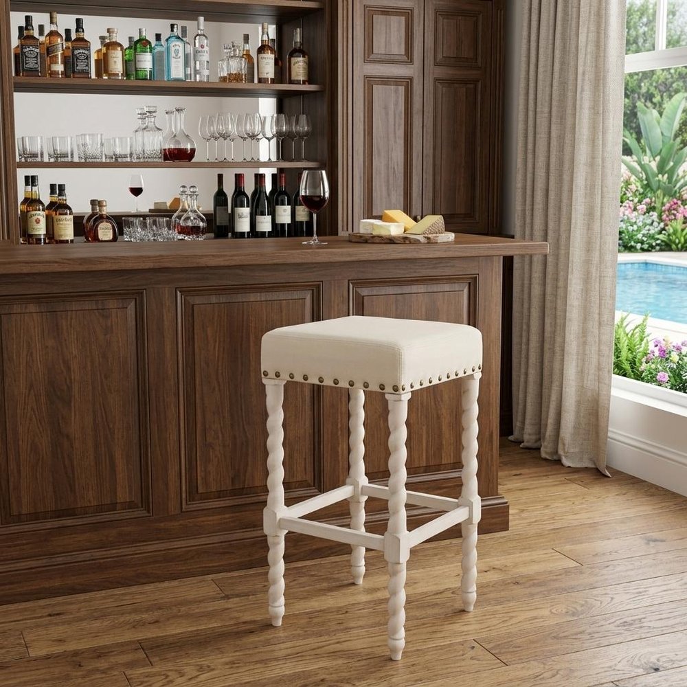 30" Cream And Vanilla Fabric And Solid Wood Backless Bar Height Bar Chair