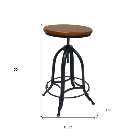 Chestnut And Black Solid Wood And Steel Backless Adjustable Height Swivel Bar Chair