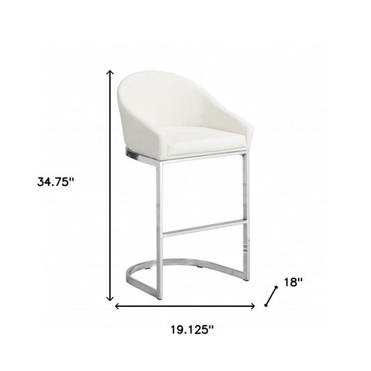35" White and Silver Faux Leather and Steel Low Back Bar Height Bar Chair