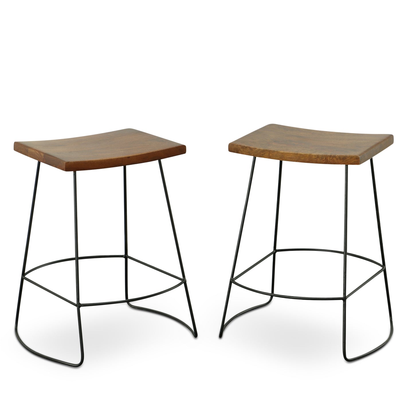 Set of Two 25" Chestnut and Black Solid Wood and Steel Backless Counter Height Bar Chairs