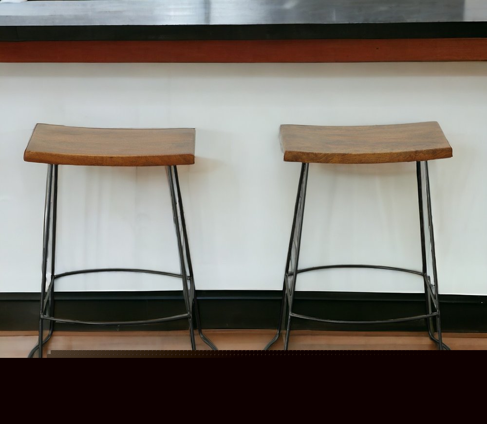 Set of Two 25" Chestnut and Black Solid Wood and Steel Backless Counter Height Bar Chairs