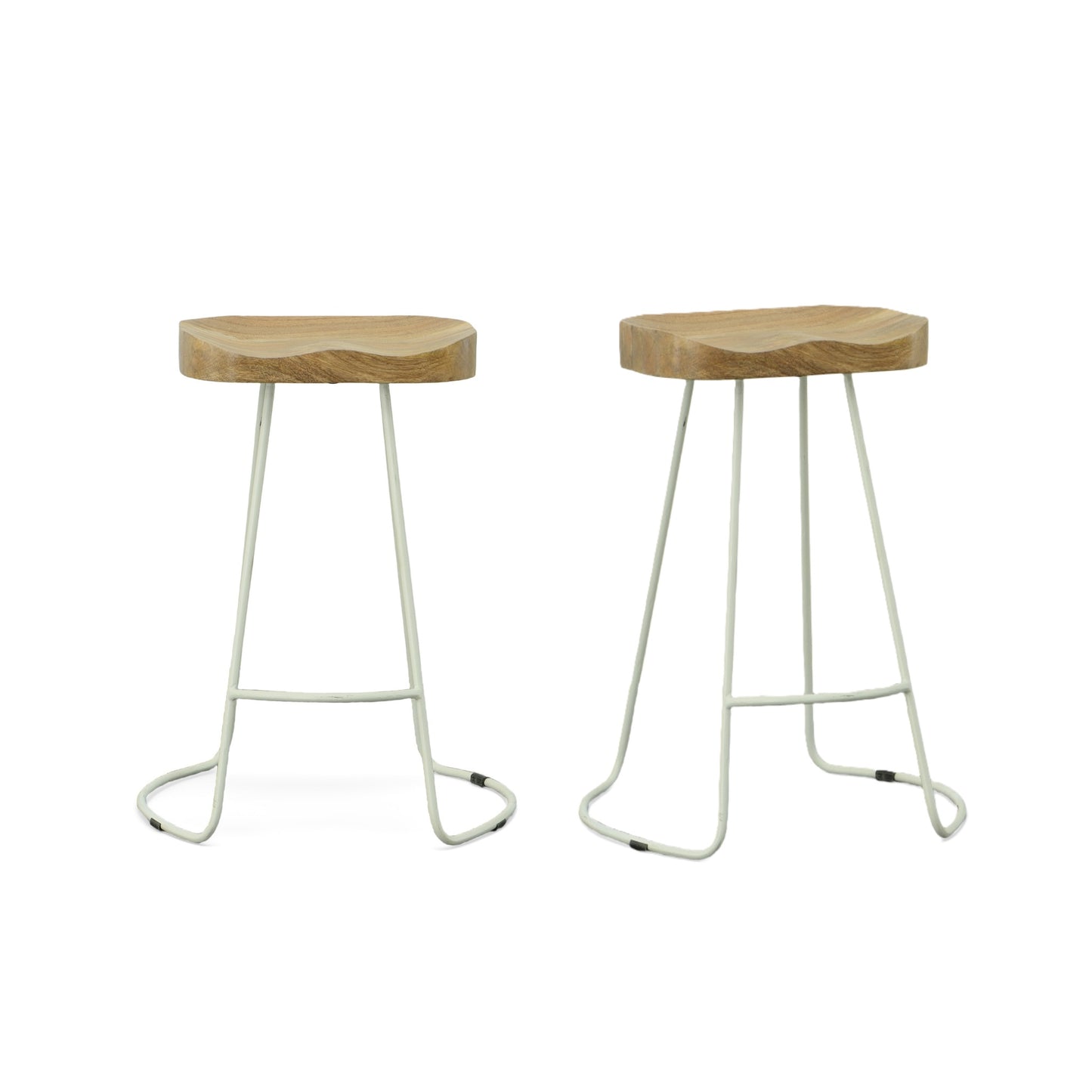 Set of Two 25" Natural and White Solid Wood and Steel Backless Counter Height Bar Chairs