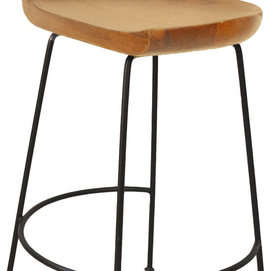 Set of Two 25" Natural And Black Solid Wood And Steel Backless Counter Height Bar Chairs