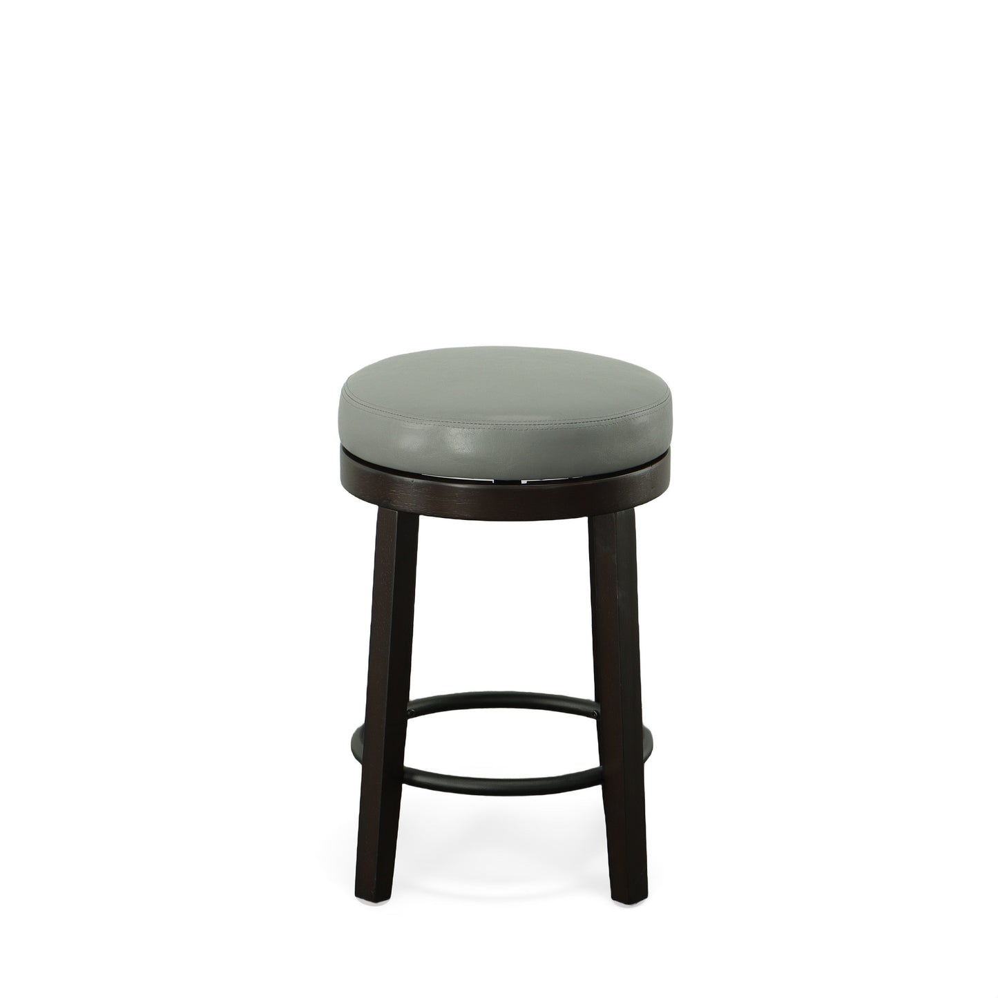 Set of Two 24" Gray and Espresso Faux Leather and Solid Wood Backless Counter Height Swivel Bar Chairs