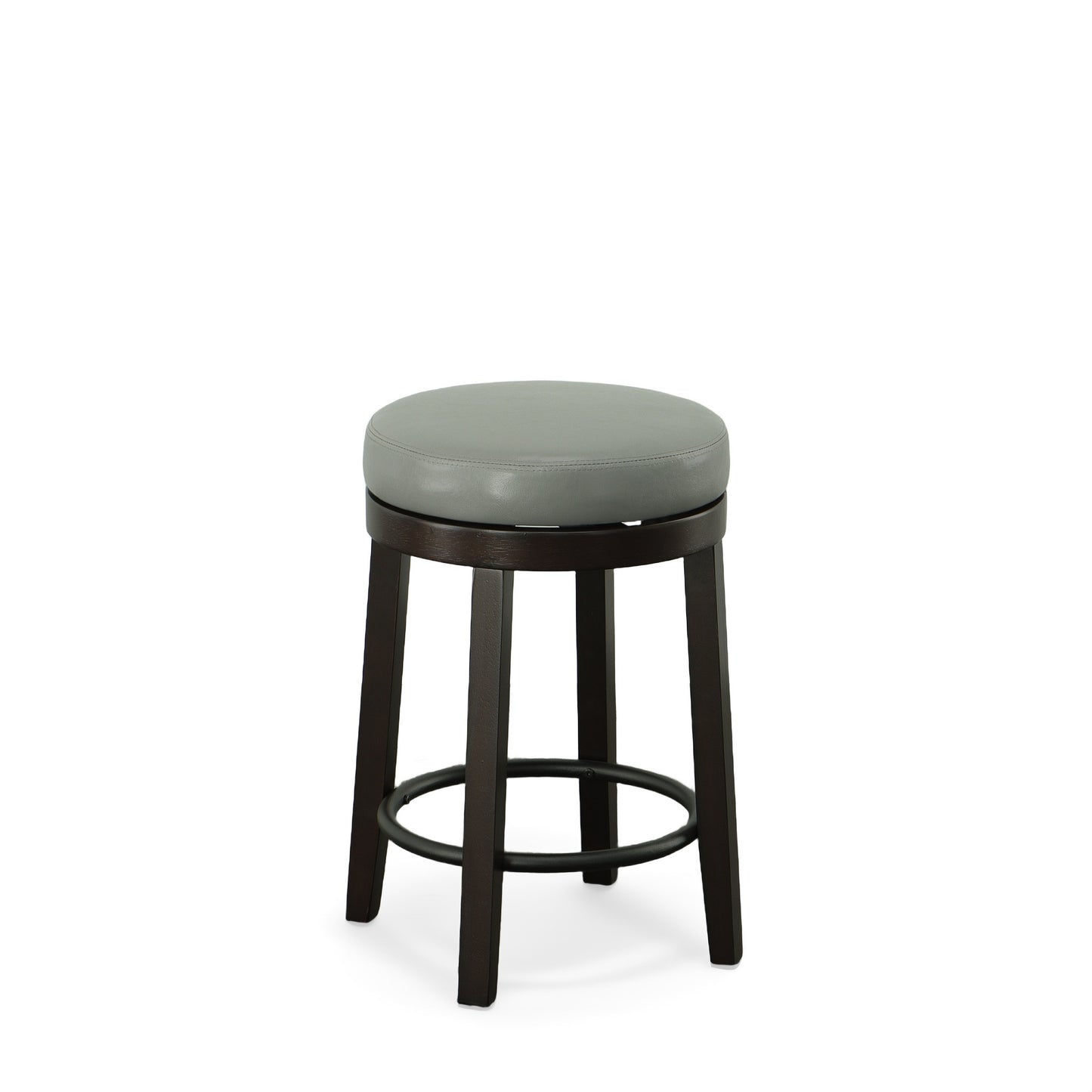 Set of Two 24" Gray and Espresso Faux Leather and Solid Wood Backless Counter Height Swivel Bar Chairs