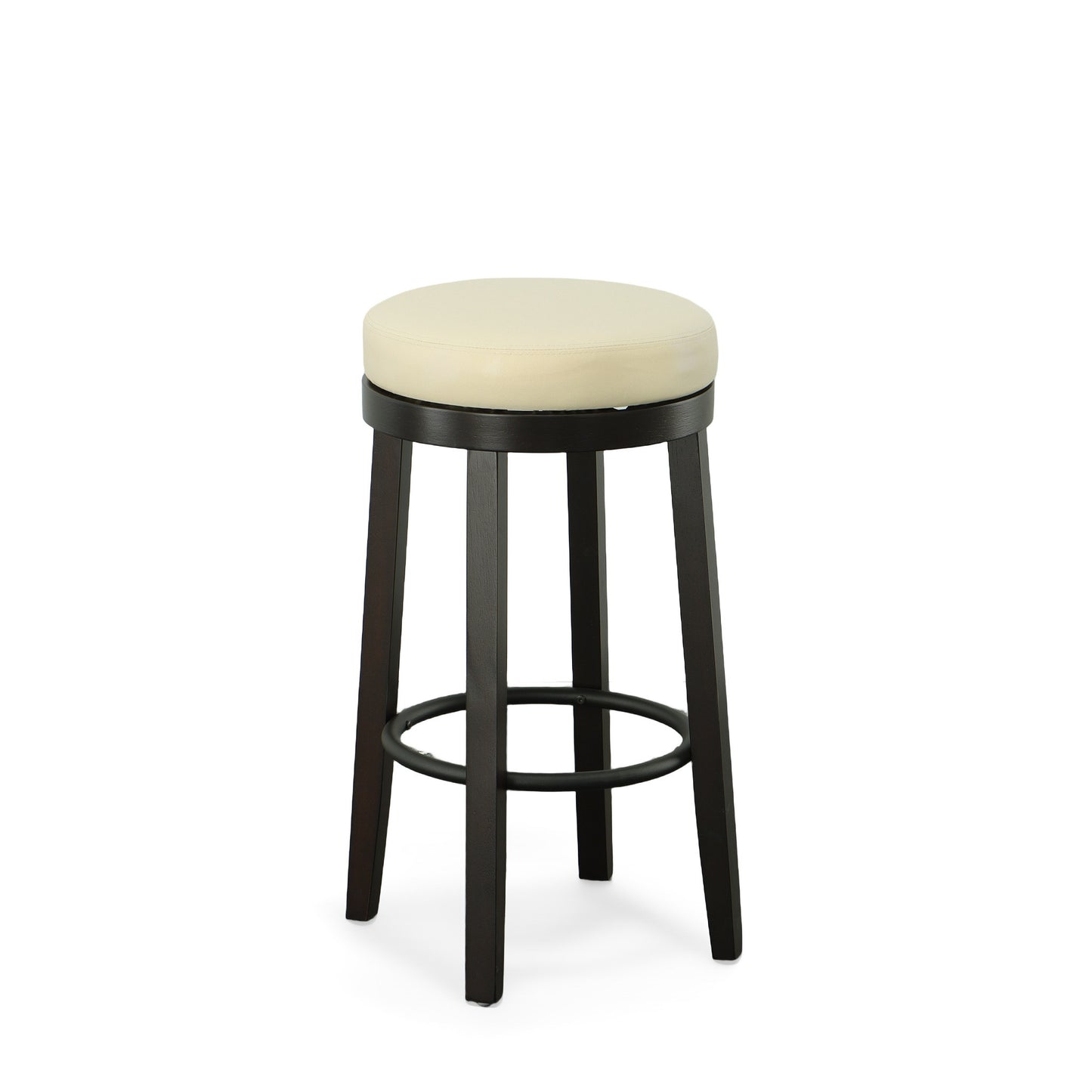 Set of Two 30" Cream and Espresso Faux Leather and Solid Wood Backless Bar Height Swivel Bar Chairs