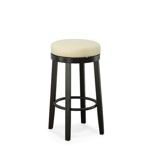 Set of Two 30" Cream and Espresso Faux Leather and Solid Wood Backless Bar Height Swivel Bar Chairs