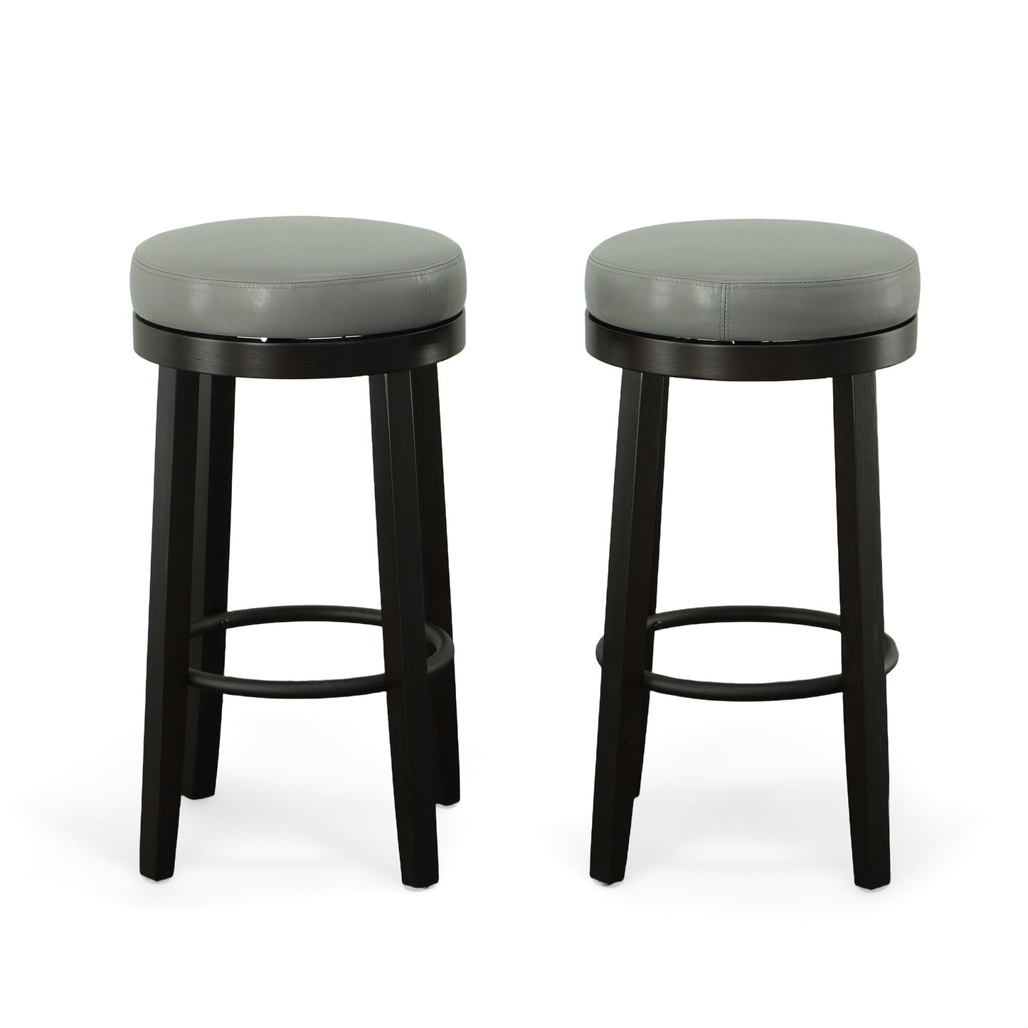 Set of Two 30" Gray and Espresso Faux Leather and Solid Wood Backless Bar Height Swivel Bar Chairs