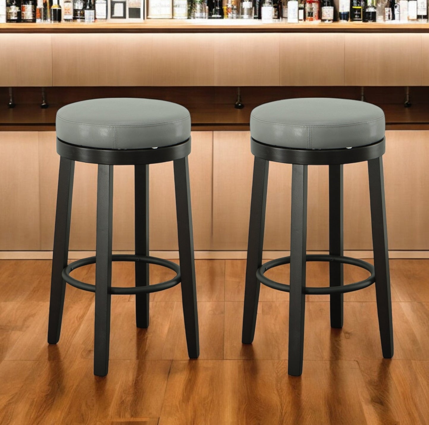 Set of Two 30" Gray and Espresso Faux Leather and Solid Wood Backless Bar Height Swivel Bar Chairs