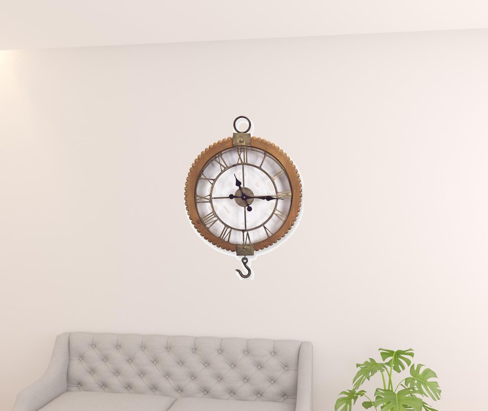 22" Natural Solid Wood and Metal Analog Round Wall Clock