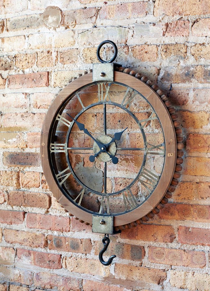 22" Natural Solid Wood and Metal Analog Round Wall Clock