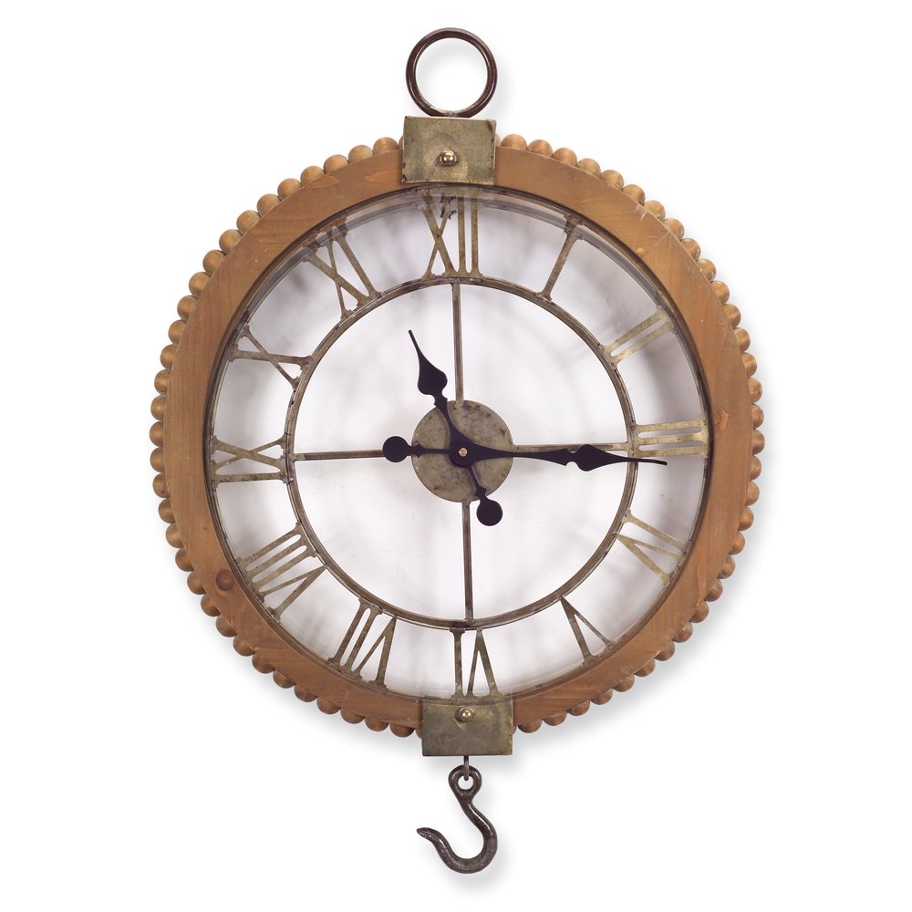 22" Natural Solid Wood and Metal Analog Round Wall Clock