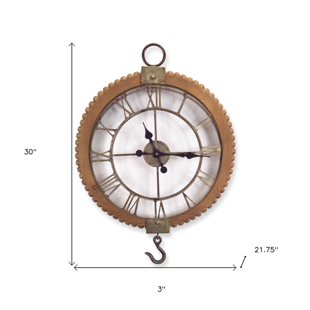 22" Natural Solid Wood and Metal Analog Round Wall Clock