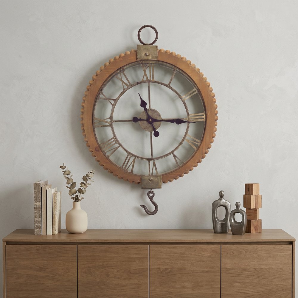 22" Natural Solid Wood and Metal Analog Round Wall Clock