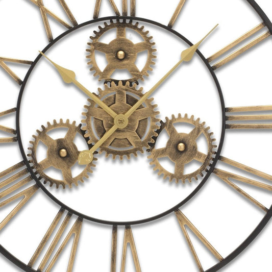24" Black And Gold Metal Analog Exposed Gear Round Wall Clock