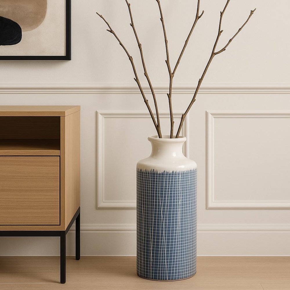 19" Blue and White Geometric Cylinder Terracotta Floor Vase