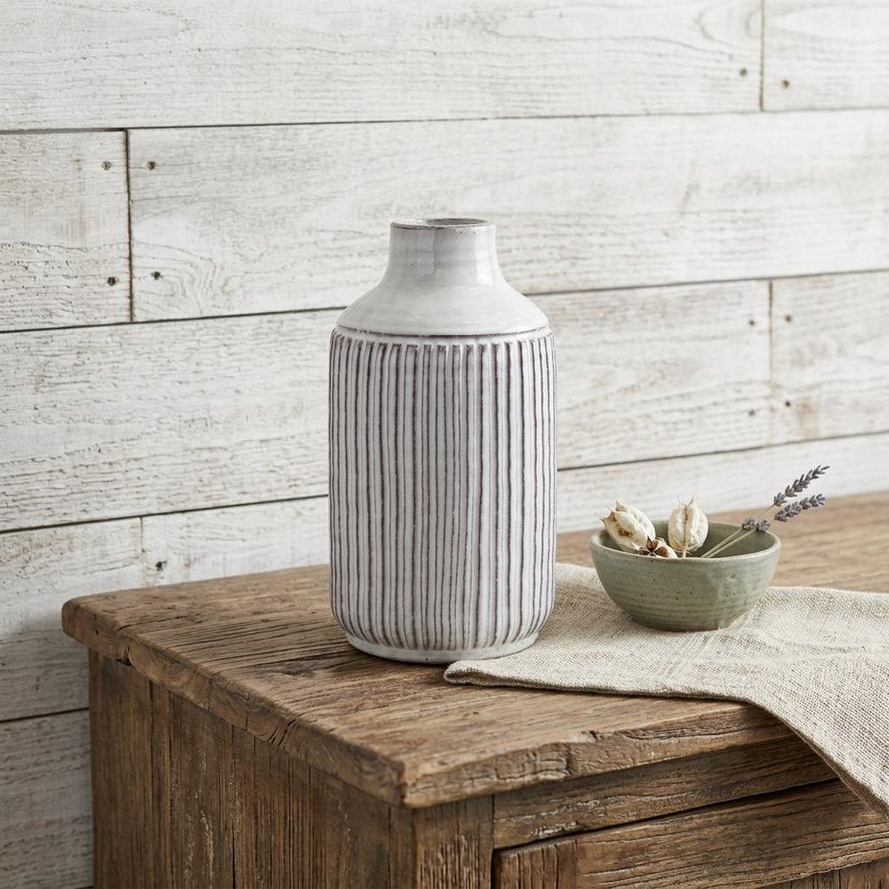 10" Off White Terracotta Striped Cylinder Table Vase