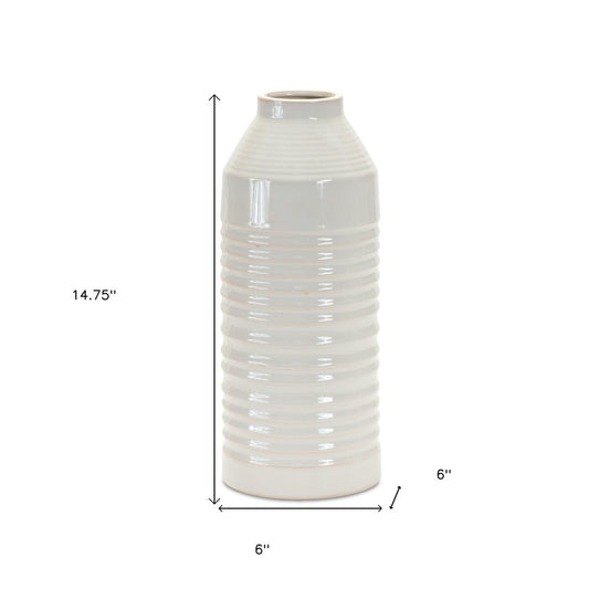 15" White Ribbed Cylinder Terracotta Table Vase