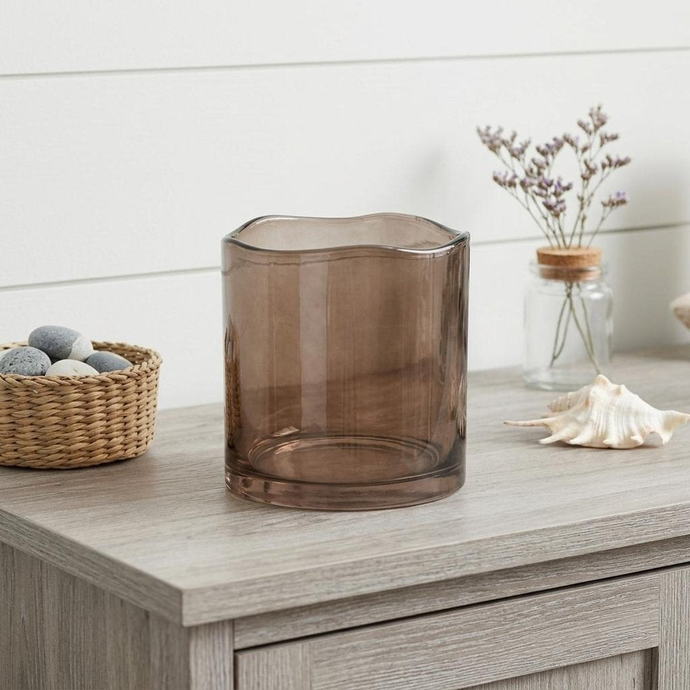 6" Brown Glass Cylindrical Table Vase With Wavy Edge Sculptural Details