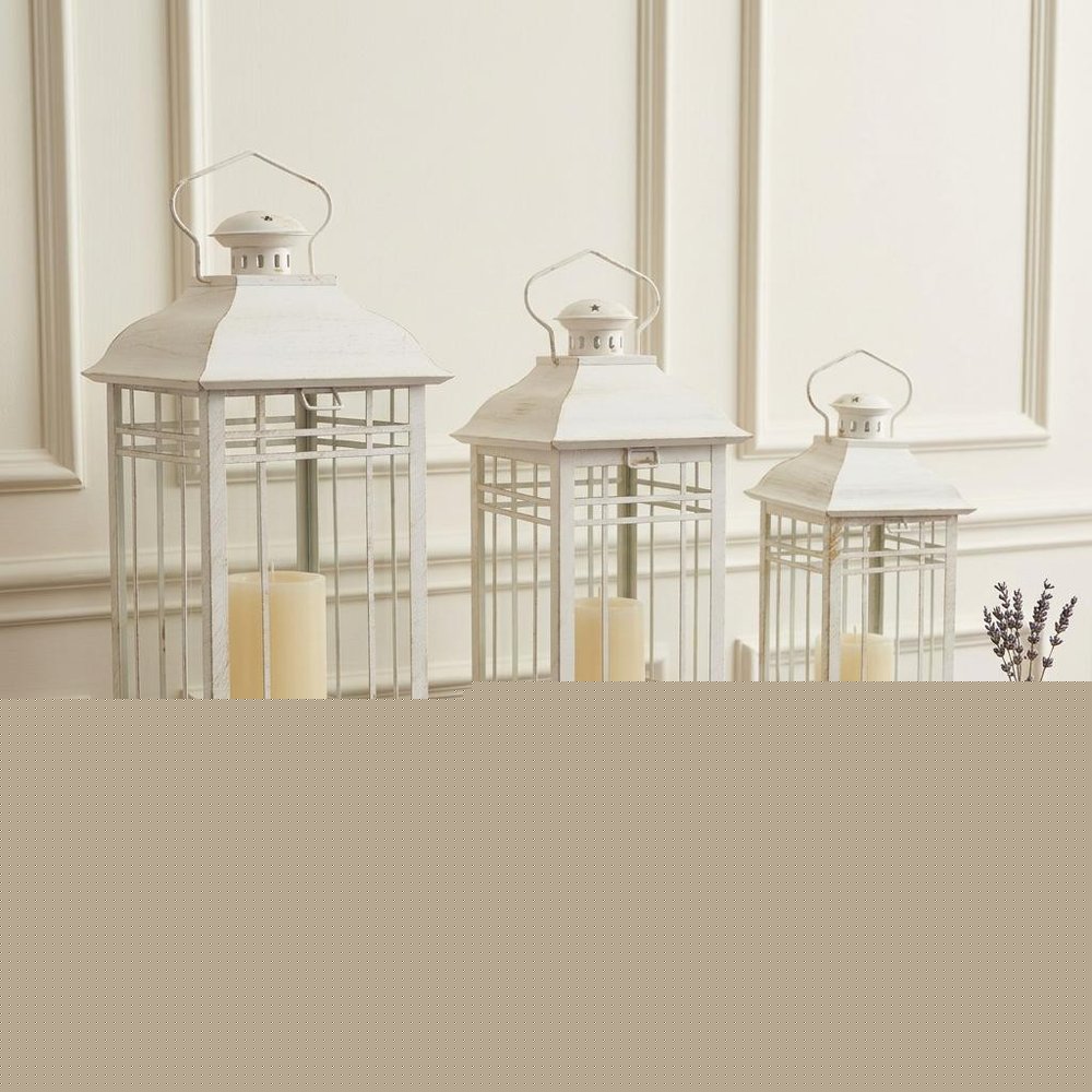 Set of Three Ivory Metal Mirrored Floor Lantern Candle Holders