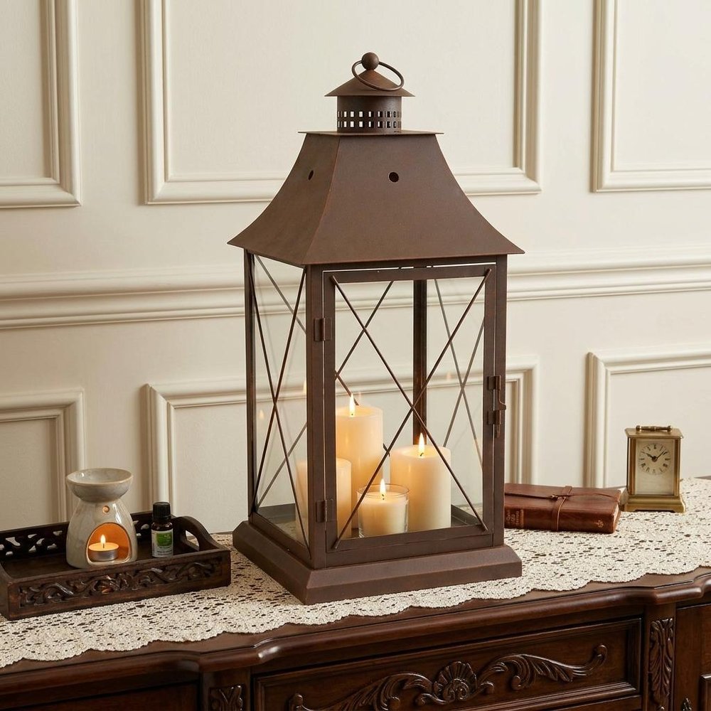 Set of Three Brown Lattice Glass And Metal Floor Lantern Candle Holders