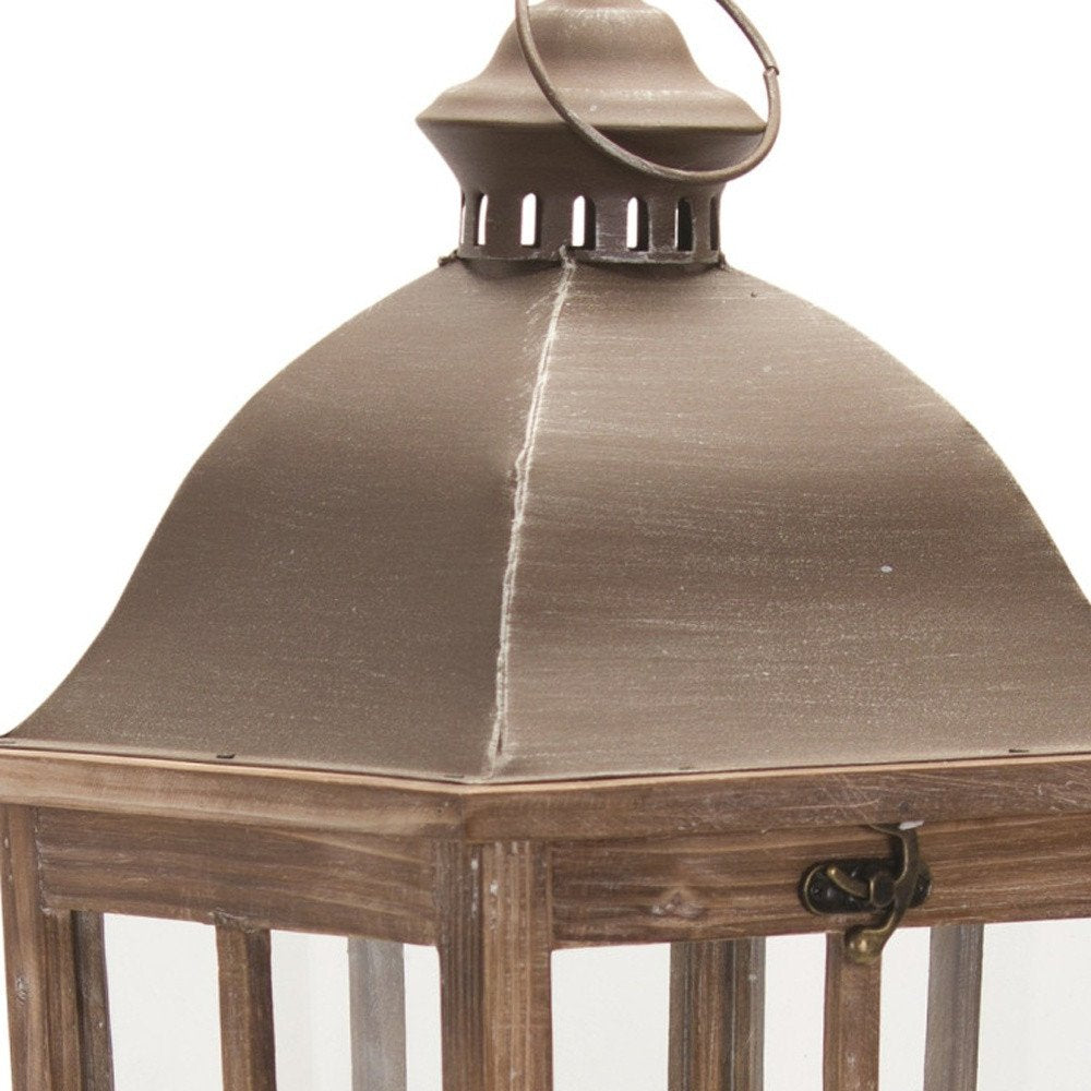 Set of Two Natural Distressed Ornate Solid Wood Tabletop Lantern Candle Holders