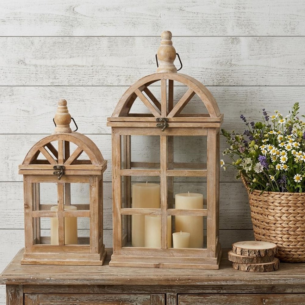 Set of Two Natural Distressed Geometric Wood And Glass Floor Lantern Candle Holders