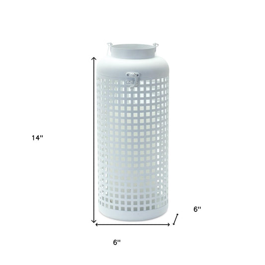 14" White Distressed Lattice Iron Floor Lantern Candle Holder