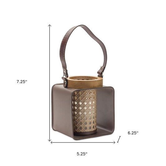 7" Natural And Brown Distressed Lattice Iron And Wood Tabletop Lantern Candle Holder