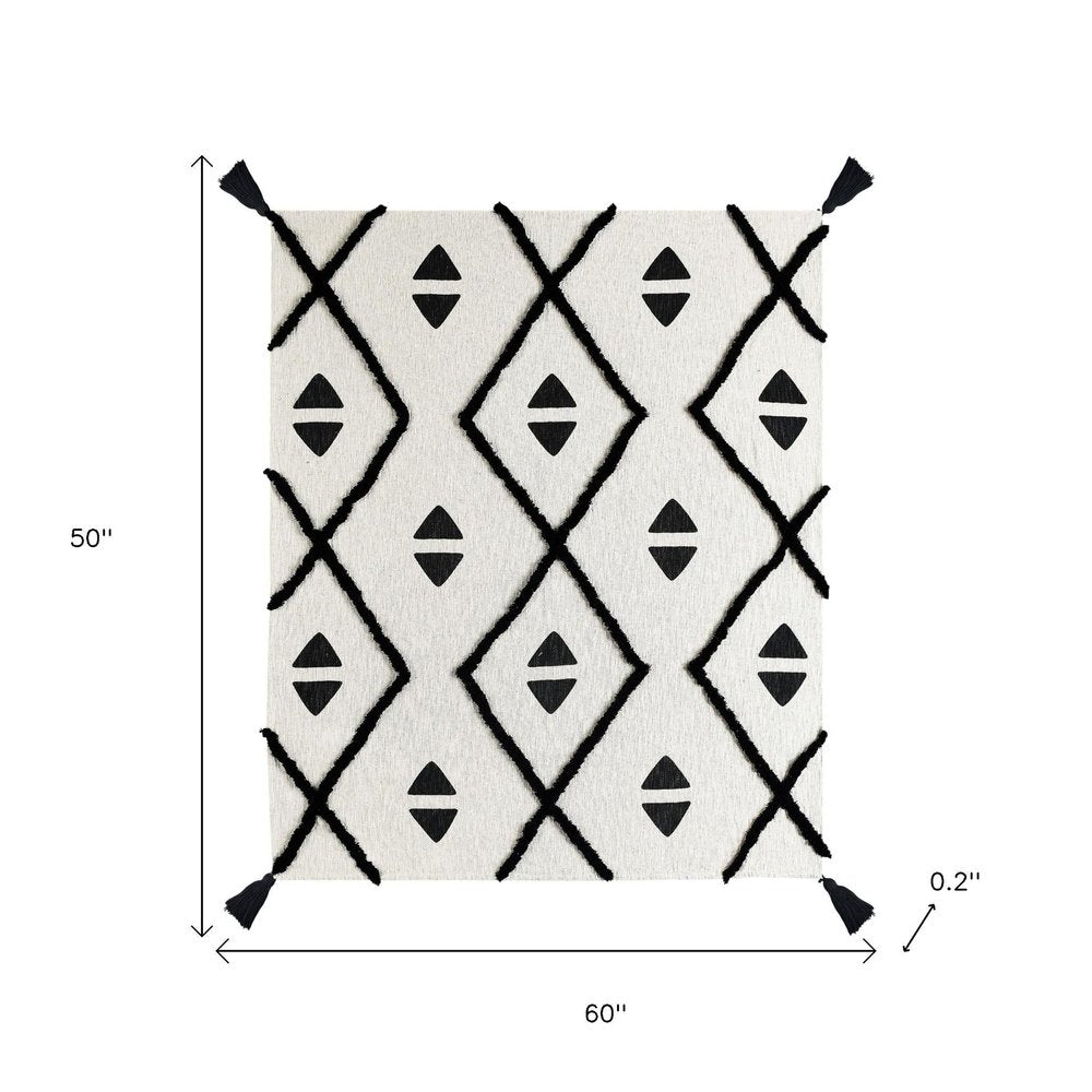 50" X 60" Black and White Woven Cotton Geometric Throw Blanket with Tassels