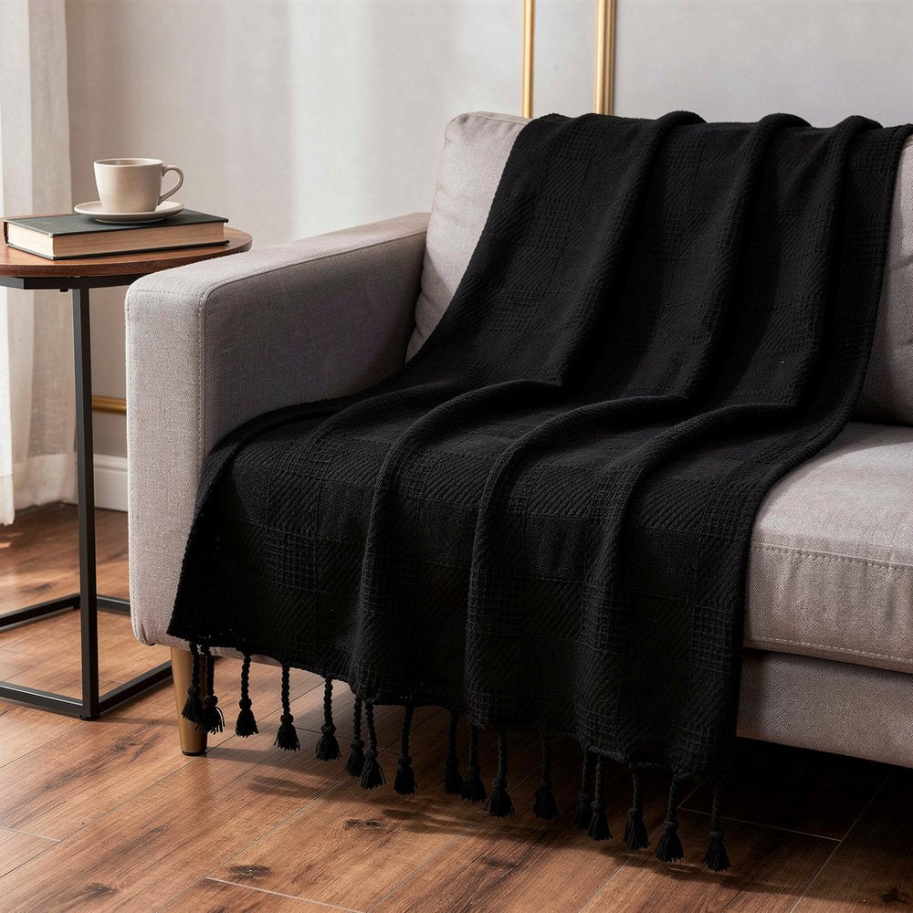 50" x 60" Black Woven Cotton Throw Blanket with Fringe