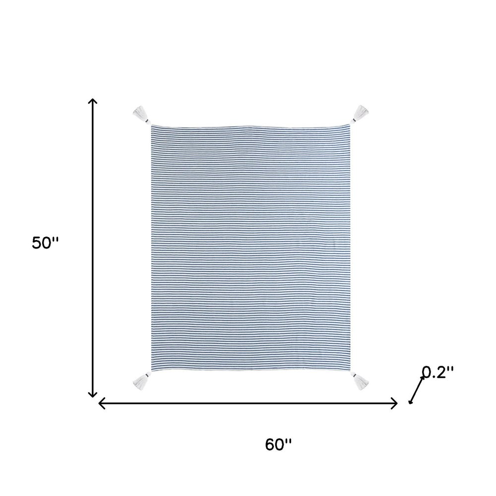 50" X 60" Blue and White Woven Cotton Striped Throw Blanket with Tassels