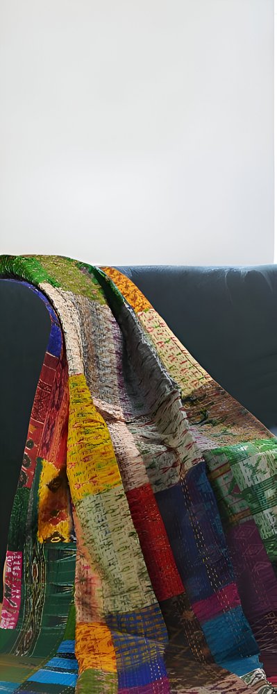70" X 50" Blue and Green Kantha Silk Patchwork Throw Blanket with Embroidery