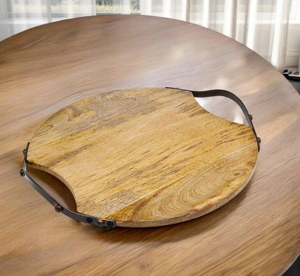 13" Natural Brown Round Wood and Metal Tray