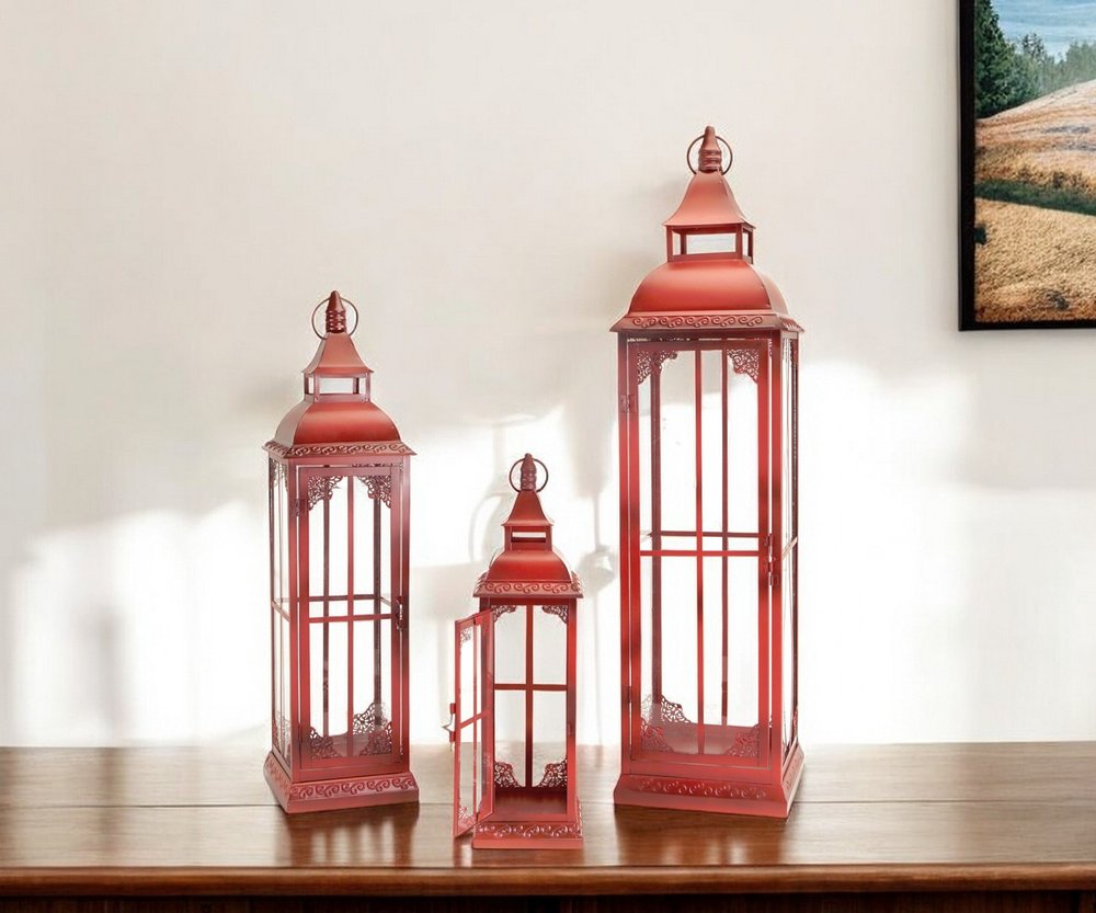 Set of Three Red Distressed Ornate Glass And Metal Floor Lantern Candle Holders