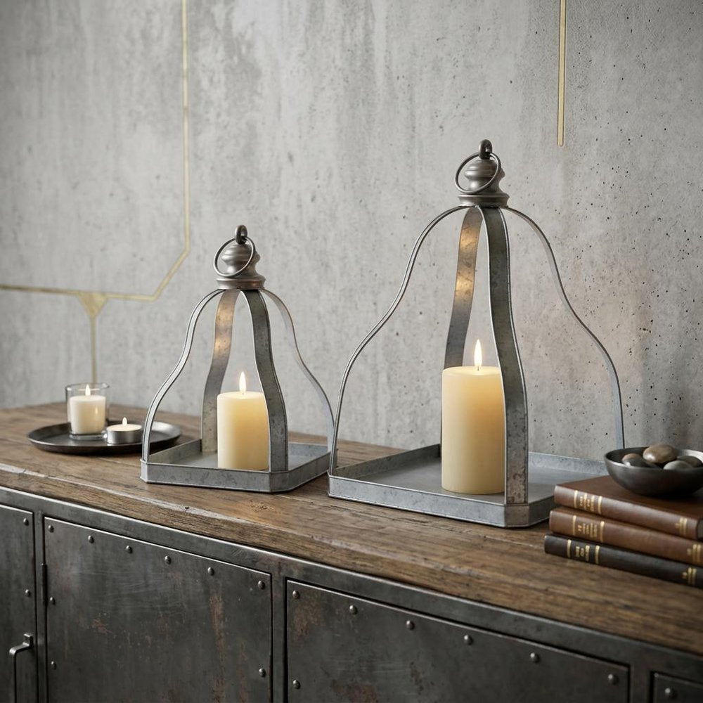 Set of Two Gray Distressed Galvanized Metal Tabletop Lantern Candle Holders